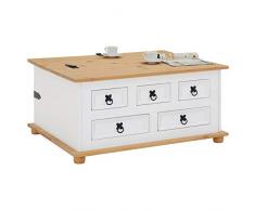 IDIMEX Table Basse de Salon Tequila Coffre Malle de Rangement rectangulaire en Bois Style Mexicain avec 5 tiroirs, en pin Massif lasuré Blanc et Brun