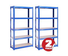 Etagère de rangement pour Garage (2 Unités), 150cm x 75cm x 30cm (Bleu) – 5 Niveaux, Capacité de 875kg (175kg par Étagère) – très résistant, Charge lourde