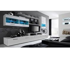 Home Innovation– Ensemble de Meubles Salon, unité Murale, Meuble Bas TV, Salle à Manger, Ensemble de séjour Contemporain avec ilumination LED, Blanc Mate et Blanc Laqué, Dimensions : 250x194x42 cm.