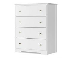 HOMECHO Commode Blanche, Meuble de Rangement avec 4 Tiroirs, Chiffonnier en Bois de Peuplier, pour Salon, Entrée, et Chambre de Coucher 74 x 40.3 x 94 cm