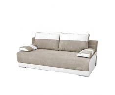 MEUBLO Canapé en lit Convertible avec Coffre de Rangement Relax 3 Places - Tissu et Simili Cuir - Nisa (Beige + Blanc)