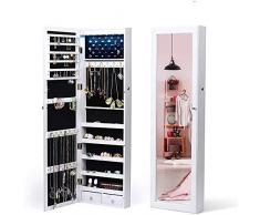 HOUSE DAY Armoire à Bijoux à 6 Lumières LED Extra Large Stockage Spacieux Organiseur avec Porte Murale verrouillable avec Miroir intégral avec 2 Tiroirs Blanc