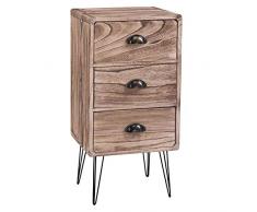 IDIMEX Table de Chevet Malia Table de Nuit avec 3 tiroirs, en Bois de Paulownia Style Vintage Industriel Finition Bois brulé avec Pieds en métal Noir