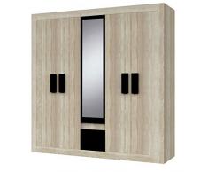 E-MEUBLES Armoire, Penderie avec 5 Portes (L x H x P): 231x210x57 Milan Miroir (Sonoma/Noir)