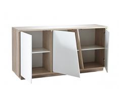 Enfilade 3 portes MAGIC en panneaux de particules Chêne brossé/Blanc perle - Dim 157,8 x 74,5 x 42,3 cm -PEGANE-