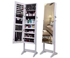 ANLW Armoire a Bijoux avec Miroir Premium, Armoire Verrouillable de Maquillage de Miroir Permanent de Coffret a Bijoux, Compartiments de Rangement Séparés pour Bagues, Boucles doreilles (Blanc)