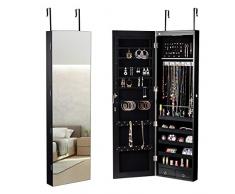 COSTWAY Armoire à Bijoux Mural avec Miroir et Lumière LED Armoire de Rangement Accrochée à La Porte 120 x 36 x 10 cm (Noir)