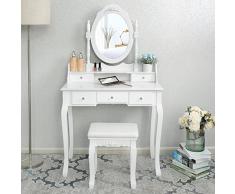 Songmics Coiffeuse Table Blanche de Maquillage avec Miroir, 5 tiroirs, séparations pour tiroir et Tabouret,fixée au Mur RDT15W