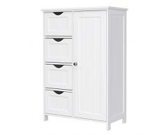 Vasagle LHC41W Buffet de Salle de Bain en Bois avec 4 tiroirs, Porte darmoire, étagère réglable, Salon, Cuisine, Couloir, Profond, Pose Libre, Blanc