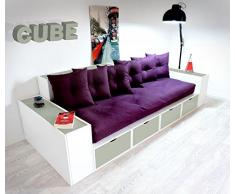 Canapé Cubes Blanc Tiroirs Gris avec futon et coussins Prune