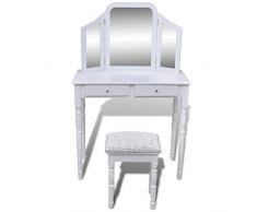 Coiffeuse blanche 2 tiroirs avec 1 tabouret et 1 miroir 3 en 1
