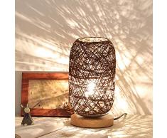 Moouk Rotin Table Lampe avec Tissu Abat-Jour & Bois Solide, Chevet Lampe Bureau, USB Alimenté Table de Chevet Lampe, Romantique Veilleuse pour Chambre, Commode, Salle à Manger, Chambre de Bébé, Bureau