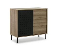 VS Venta-stock Commode de Nuit Brooklyn avec 3 tiroirs et 1 Porte en Métal Noir, stucture en Couleur Bois et Pieds métalliques, 80cm Longueur x 40cm Profondeur x 80cm Hauteur