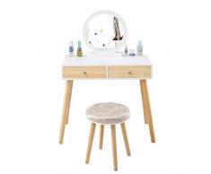 Coiffeuse, Table de Maquillage, avec Miroir Amovible, Tabouret de Maquillage à 2 Tiroirs pour Chambre à Coucher, Couloir, Salon de Beauté (Blanc-Bois, 80 * 40 * 125cm)