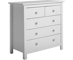 VS Venta-stock Commode 5 tiroirs Blanc, Fabriqué en Bois de pin Massif