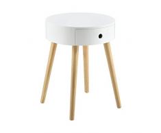 [en.casa] Petite Table Ronde avec Tiroir Commode Table de Nuit Table de Chevet Meuble de Rangement MDF Laqué et Pin Blanc 50 x 38 x 38 cm