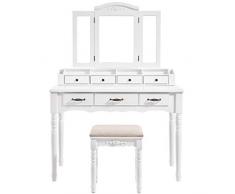 VASAGLE Coiffeuse avec Tiroirs, Table à Maquillage avec Miroir Triple et Crochet à colliers, 2 Rainures pour Brosses et 4 Compartiments ouverts, Pieds en Bois massif, Tabouret rembourré, Blanc RDT60WT