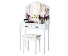 LANGRIA Coiffeuse Meuble Maquillage avec 3 Miroirs, 4 Tiroirs, Pieds Résistantes Style Victorien, Tabouret Rembourré Motif Jacquard Floral, pour Chambre ou Dressing (Blanc)