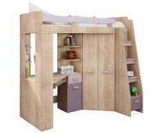 Lit Mezzanine / Lit superposé - TOUT EN UN. Escalier à droite - Ensemble pour enfants. Lit superposé, bureau, armoire, étagères. (Chêne Sonoma / Violet)