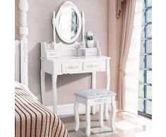 Mecor Coiffeuse avec Miroir Table de Maquillage Blanche Femme avec Tabouret,4 Tiroirs et Miroir Ovale Maison de Campagne
