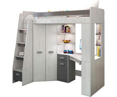 Lit Mezzanine / Lit superposé - TOUT EN UN. Escalier gauche - Ensemble pour enfants. Lit superposé, bureau, armoire, étagères - Artisanat Blanc / Graphite