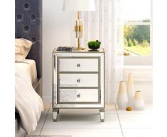 ANABELLE Table de Chevet Miroir en Verre Meuble de Rangement avec 3 Tiroirs sur Salon, Chambre, Bureau, 40 x 35 x 60 cm