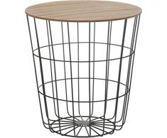 Table d’appoint design constituée d’un panier en métal avec couvercle en bois, table basse avec panier de rangement