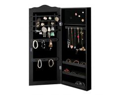 Armoire à Bijoux avec Miroir - Murale ou Accrochée à la Porte, 35 x 96 x 9 cm, Style Vintage, en Blanc ou Noir, avec ou sans LED - Organiseur, Rangement avec Miroir (Noir sans LED)