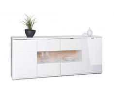 Inter Trade 1745 Enfilade buffet bahut bas 4 Portes avec Insert Miroir, Bois, Blanc Brillant, 200 x 40 x 85 cm