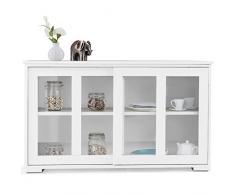 GOPLUS Buffet de Cuisine Pratique Meuble de Rangement Bas avec Porte Coulissante en Verre Trempé et 2 Etagères en MDF Blanc 106,7 x 33 x 62,5 CM (Blanc)