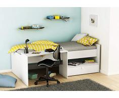 Demeyere Bony lit Enfant 90x200 avec Rangement et Bureau intégré, Blanc Perle, Panneaux de Particules 15/18mm, 204,4 x 136,4 x 73 cm