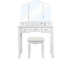 VASAGLE Coiffeuse avec 5 Tiroirs, Table à Maquillage avec 1 Tabouret, Miroir Triple sans Cadre, Un Coffret à Cosmétiques Démontable, Facile à Assembler, Blanc RDT28WT