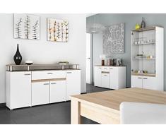 Enfilade 3 Portes et 1Tiroir Tissu Chêne Brossé/Blanc, L 120.5 x H 77.7 x P 38.7 cm -PEGANE-