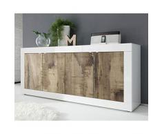 Tousmesmeubles Buffet 4 Portes Blanc/Planches Bois - Matera - L 207 x l 43 x H 86 - Neuf