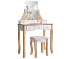 VASAGLE Coiffeuse Moderne, Table de Maquillage, avec Tabouret, Miroir Pivotant 360°, 5 Tiroirs, Organisateurs de Maquillage Amovible, pour Chambre, Blanc et Couleur Boisée RDT25K