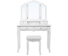 SONGMICS Grande Coiffeuse, Table de Maquillage, avec Miroir à 3 Volets, 4 tiroirs et 1 Tabouret, Style champêtre, Blanc, RDT07W