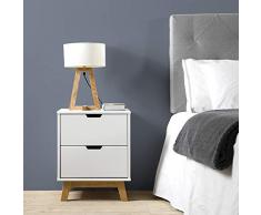 VS Venta-stock Table de Chevet Miranda 2 tiroirs Blanc, MDF laqué en couler Blanc, Pieds en Bois Nature
