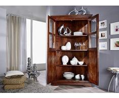 Armoire d'angle avec vitrine - Bois massif d'acacia laqué (Nougat) - Style colonial - OXFORD #410
