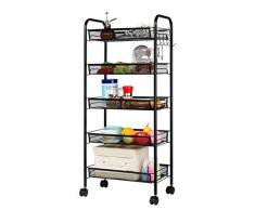 LANGRIA Chariot de Service Desserte 5 Paniers avec 5 Crochets Latéraux Etagère de Rangement Polyvalente Treillis Métallique 4 Roues Chariot Cuisine Capacité 30kg de Poids, Noir
