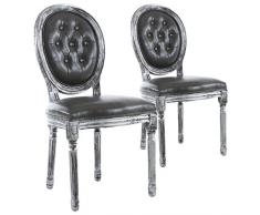 Menzzo Lot de 2 chaises de Style médaillon capitonné Louis XVI, Bois Noir Patiné Argent & Simili Gris, 51 x 51 x 72 cm