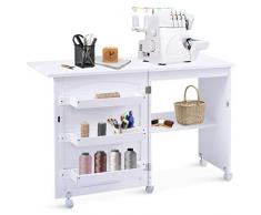 GOPLUS Table de Couture Pliable avec Roues Universelles (2 Verrouillables) et 4 Etagères de Rangement, Table de Machine à Coudre Multifonction 2 en 1 Gain de Place, 117 x 40 x 77 CM (Blanc)