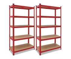 2x Étagères charge lourde métallique 180 x 90 x 40 cm Rouge Charge max. 875 kg 5 Panneaux MDF Étagère de Rangement stockage Cave