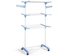 GOPLUS Séchoir à Linge avec 3 Etages pour de Différents Besoins, 6 Barres et 2 Ailes Pliables, Equipé de 4 Roues Universels, 2 Roues avec Frein, Chaque Etagère 5KG de Porte de Poids, Bleu, Gris (Bleu)