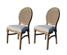 EME Mobiliario Lot de 2 chaises médaillon style Luis XVI en bois de bouleau massif vieilli, - dossier en rotin naturel tressé, assise rembourrée en lin beige, empilables