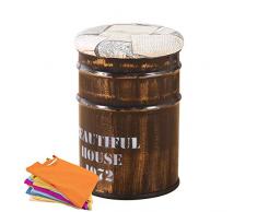 LAYG Tabouret De Bar Rétro Stockage Tambour,Poubelle Rétro,Fer Forgé Baril De Peinture Rembourré Banc,Style Rétro Style Industriel Ronde,Jouets De Rangement pour Enfants,Chambre, Salon,Bureau,A