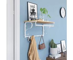 VASAGLE Porte-Manteau Mural avec étagère de Rangement, étagère Murale avec Crochets, étagère Murale avec Tringle, 5 Crochets, pour Entrée, Chambre, Salle de Bains, Salon, Chêne, Blanc LCR11WY