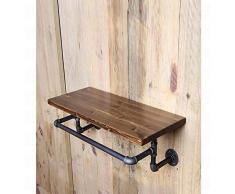 H&H Vintage Ancien Industriel Fer Forgé Plomberie Étagère Murale Penderie Rack Porte-Bouteilles Mur De Vin Solide en Bois Stratifié Cintre, 40 * 20 * 2Cm,comme montré,Taille Unique