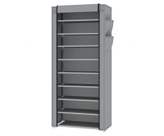 Intirilife Armoire de Rangement Pliable 170x58x28 cm en Gris Cendre – Penderie 9 Étagères à Chaussures Textile en Tissu Intissé avec Fermeture à Glissière – Garde-Robe Placard Camping