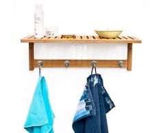Relaxdays 10017154 Ãtagère Porte-Serviette Porte-Manteau Mural avec rangement en Bambou métal H x l x P 50 x 18 x 16 cm avec 4 crochets en bois salle de bain garde-robe pour le couloir salle de bain, nature
