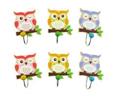 Chouettes Lot de 6 Crochet mural enfants en bois multicolores Porte-manteaux crochet porte-manteau